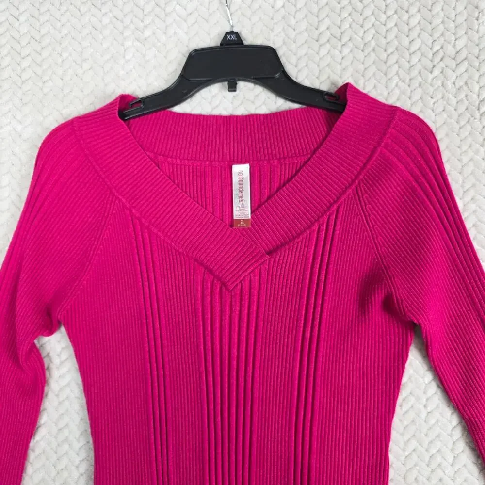 No Boundaries Fuchsia Ribbed Knit Long Sleeve Juniors XL V-Neck Stretch Casual